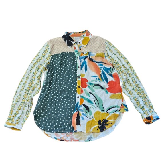 Anthropologie Maeve Button Down Shirt Women XS Alida Contrast Holly Print Blouse - Picture 2 of 7